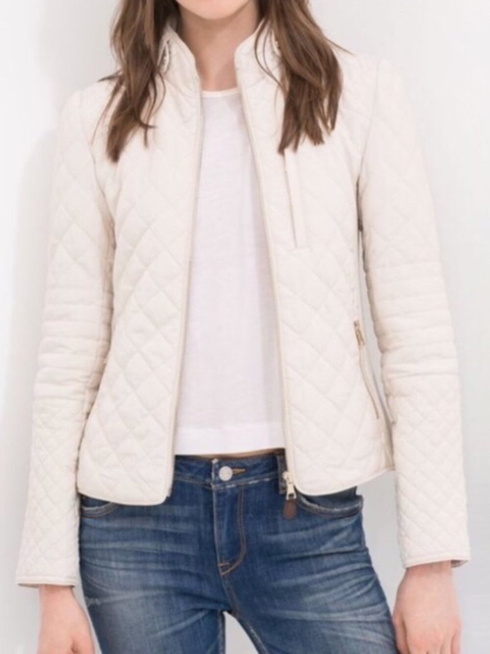Zara Moto Quilted Jacket, Fitted, Zip Front, Ivory - Womens Medium